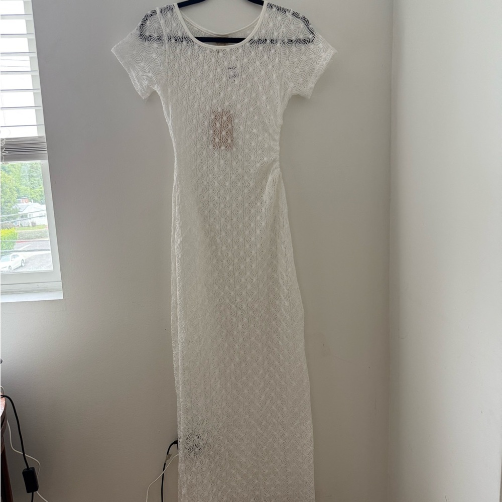 Bloomingdale's White Sheath Maxi Dress Scoop Neck Cap Sleeve